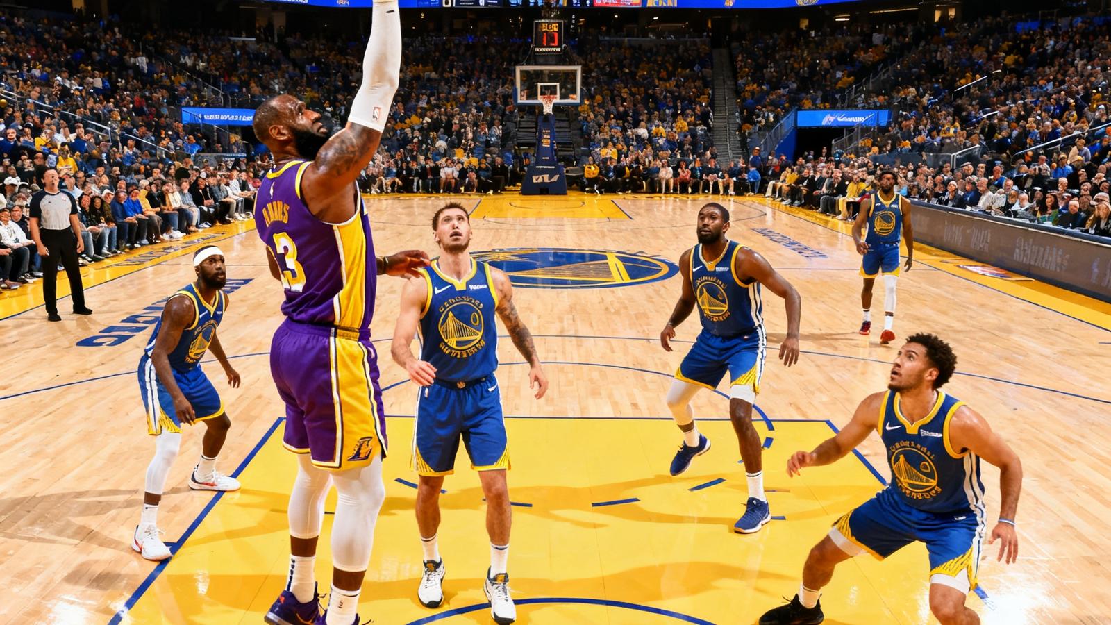 湖人队对阵勇士队的NBA比赛集锦缩略图，詹姆斯在三分线外出手的关键投篮，球馆内观众屏息注视。